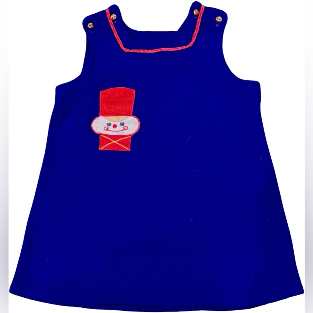 Vintage Blue Sleeveless Dress with Embroidered Red Toy Soldier Patch. 2T